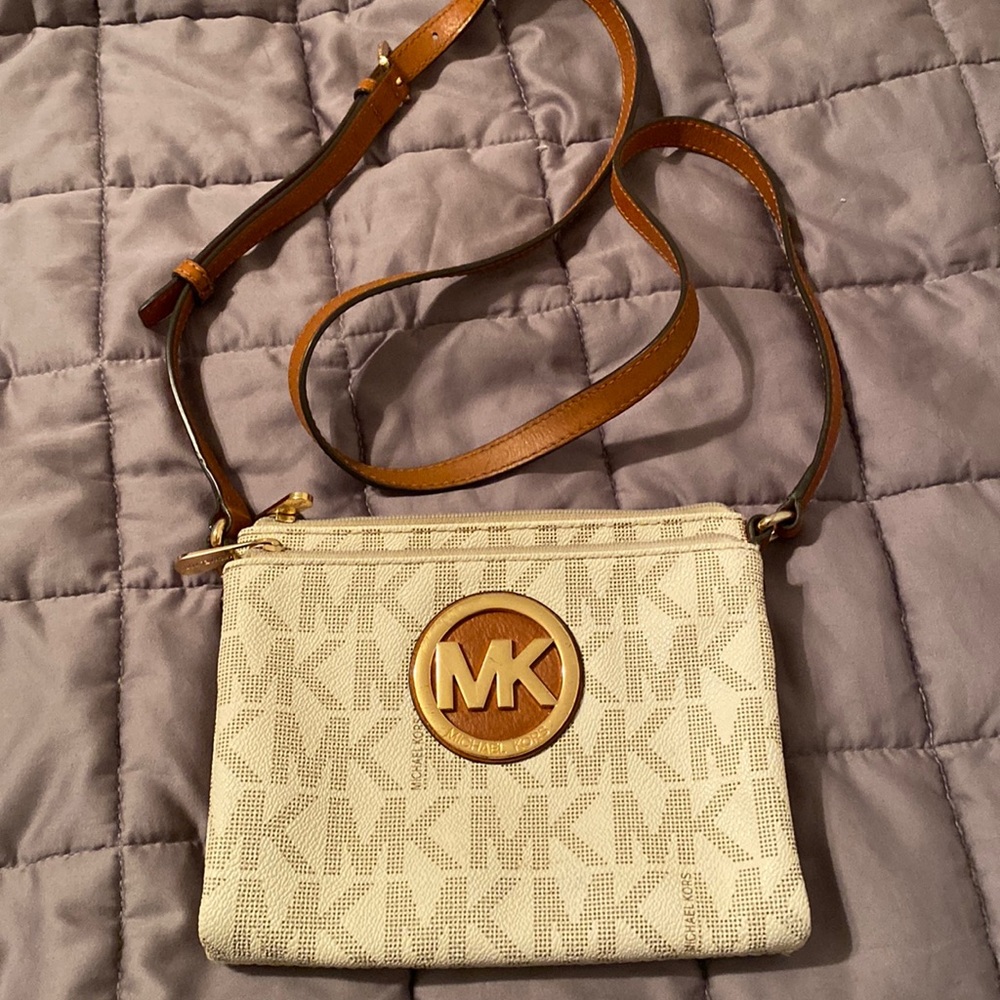 Michael Kors Cream & Brown Emblem Leather Crossbody